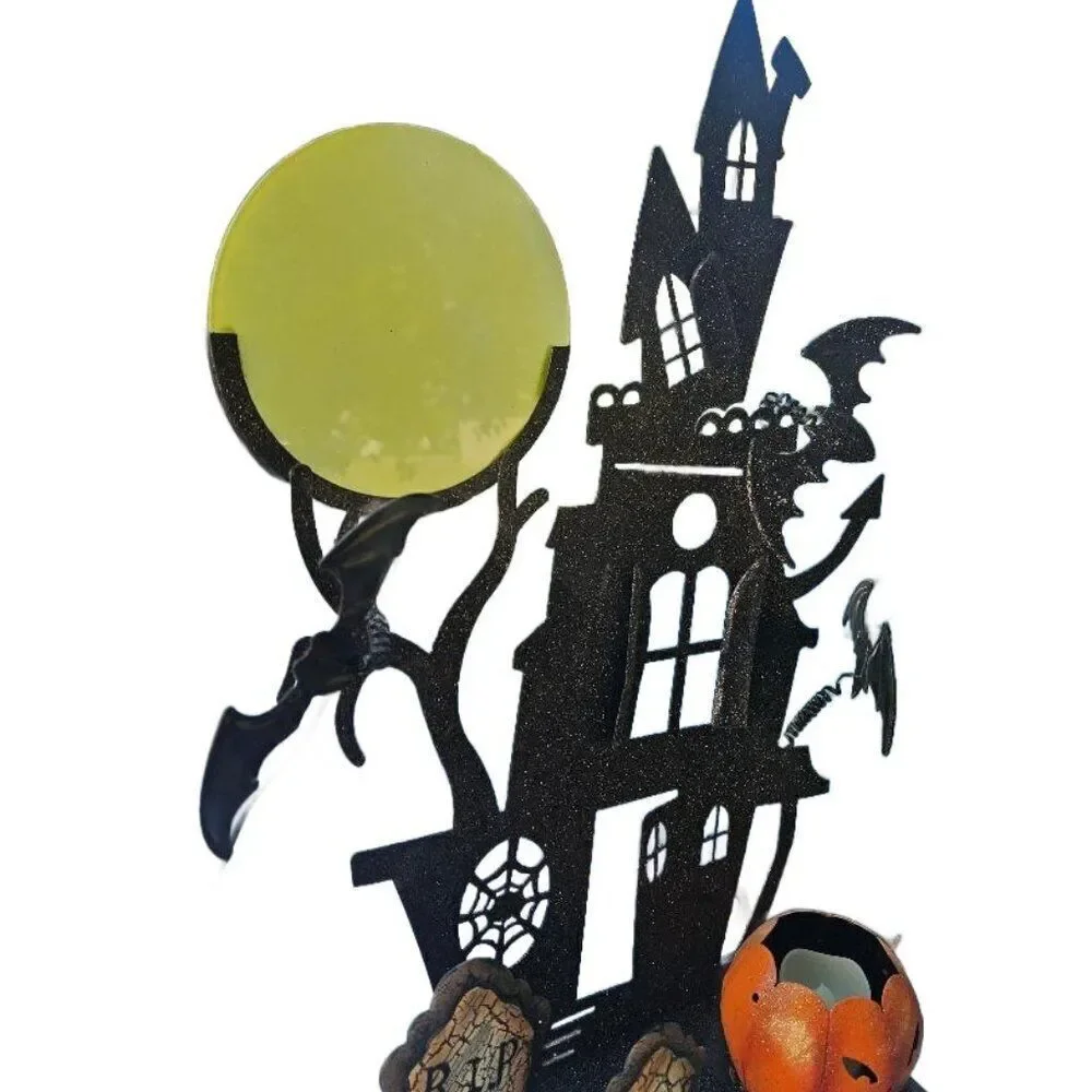 Metal 3D Glittered Halloween Haunted Mansion Scene with Pumpkin Tealight Holder